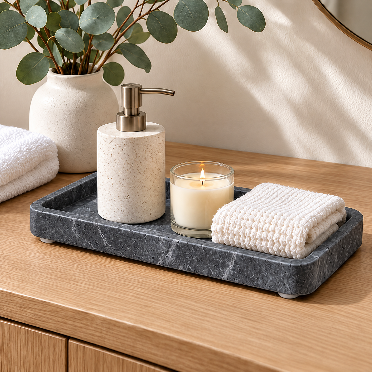 Jorlenna charcoal rectangular stone tray with bathroom accessories