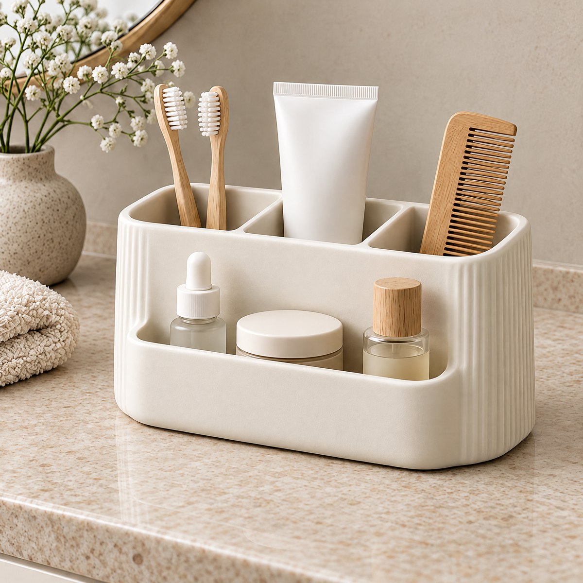 Jorlenna Ivory Fluted Countertop Organizer — bathroom storage arrangement