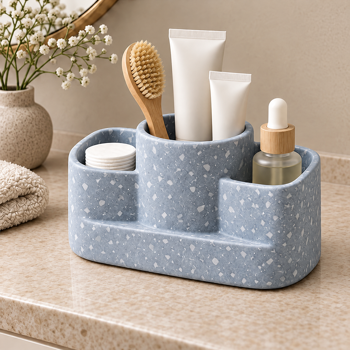 Jorlenna Blue Fleck Countertop Organizer — bathroom storage arrangement