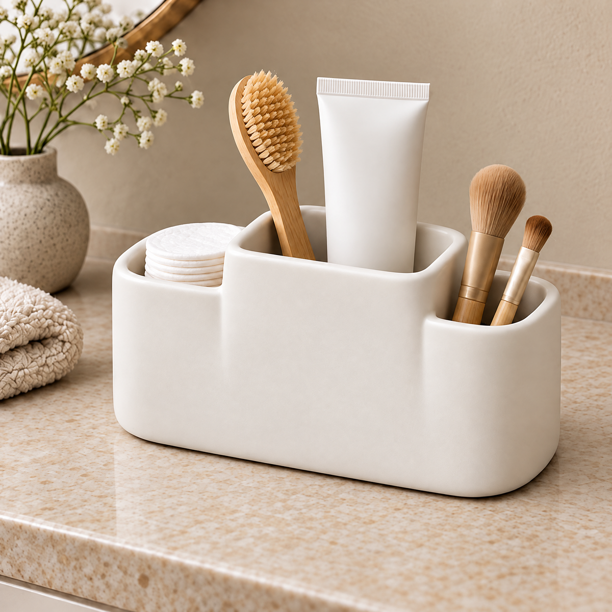 Jorlenna Ivory Center Countertop Organizer — bathroom storage arrangement