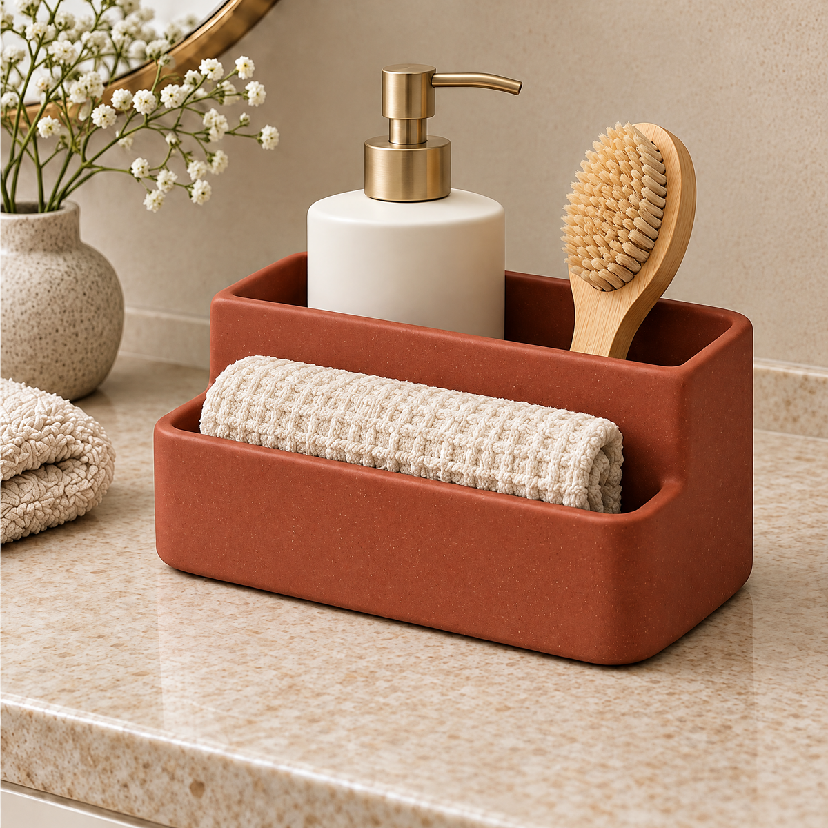 Jorlenna Terracotta Duo Countertop Organizer — bathroom storage arrangement