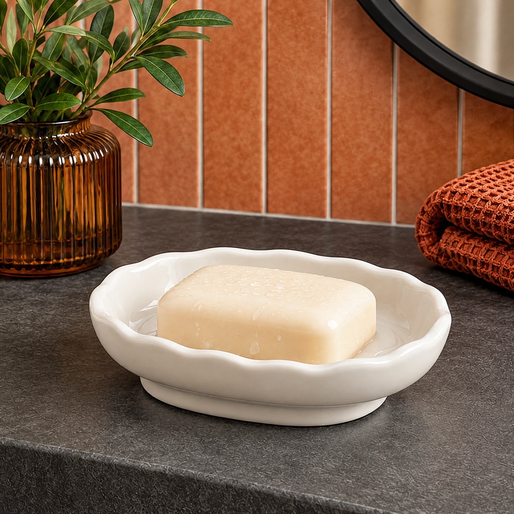 Jorlenna Ivory Scallop Soap Tray — holding a bar of soap