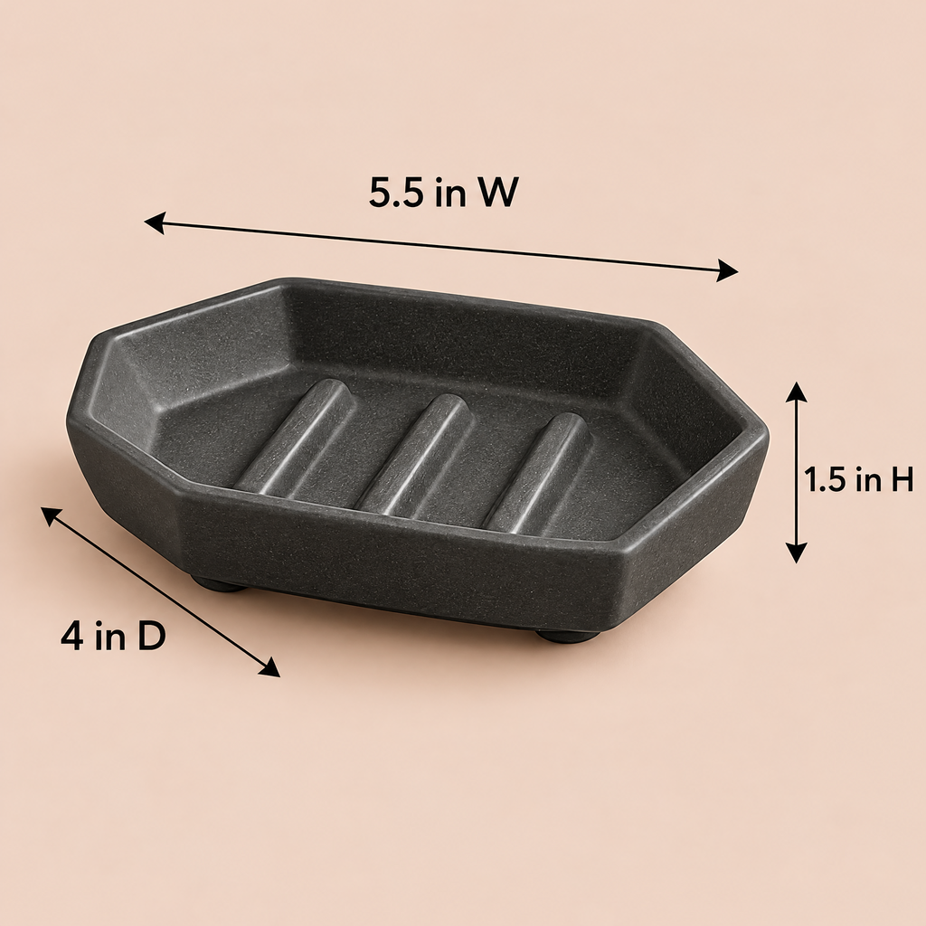 Jorlenna Charcoal Facet Soap Tray — dimensions: 5.5 in W by 4 in D by 1.5 in H