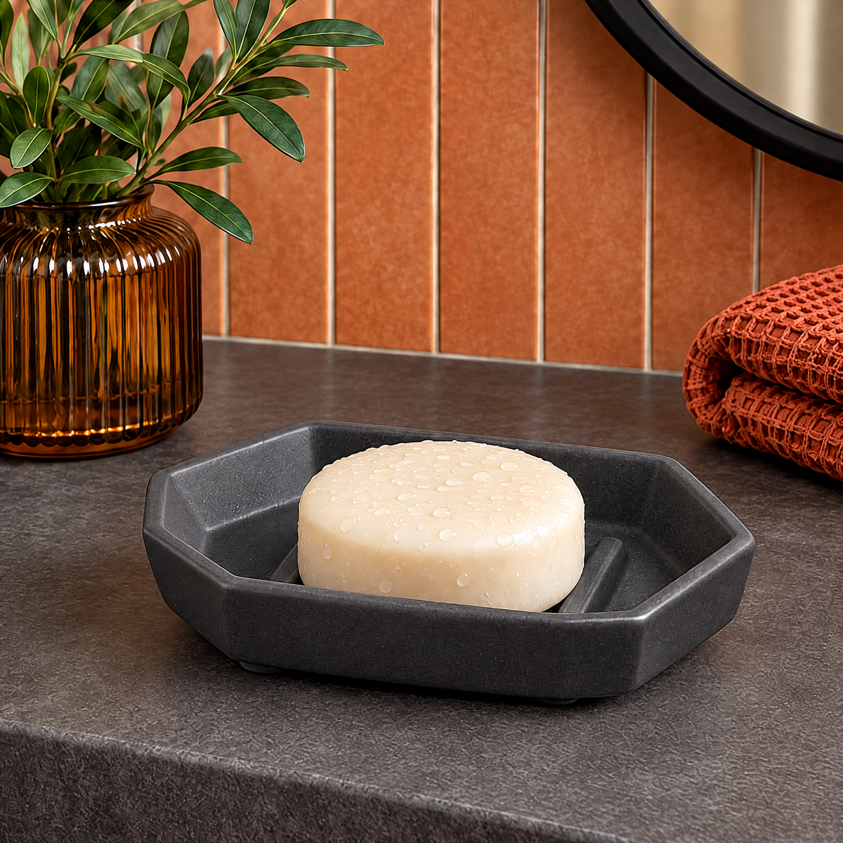 Jorlenna Charcoal Facet Soap Tray — holding a bar of soap