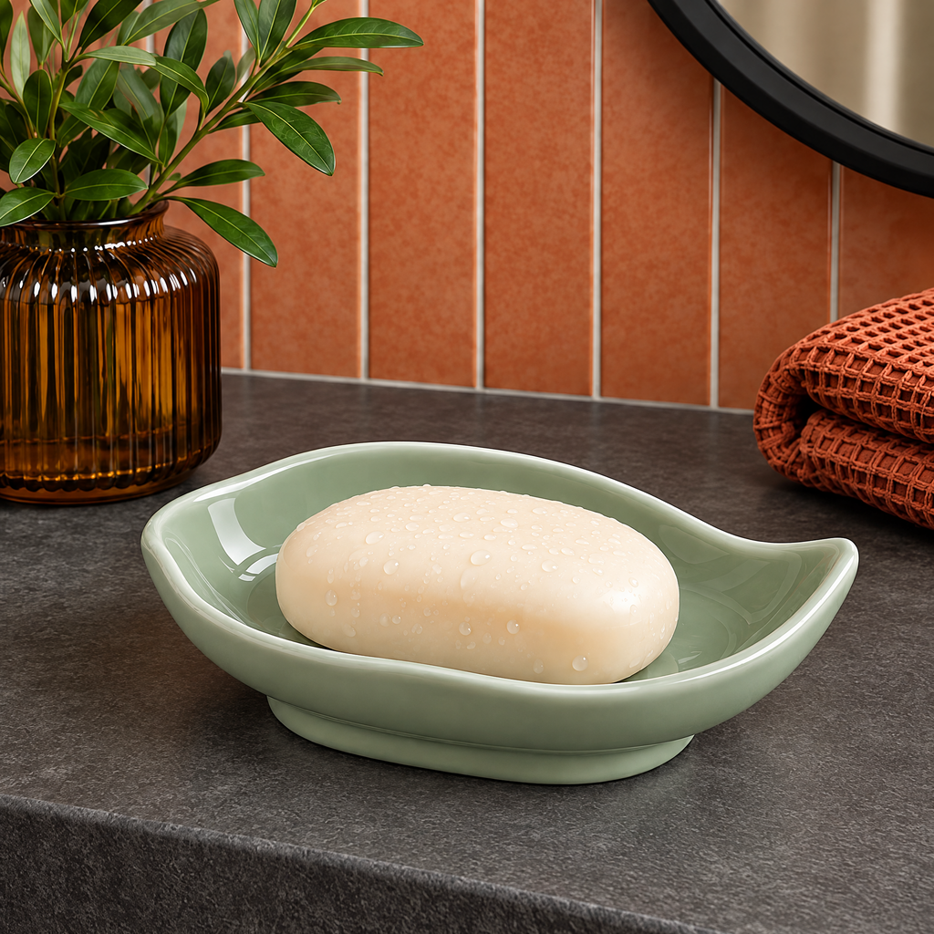 Jorlenna Sage Leaf Soap Tray — holding a bar of soap