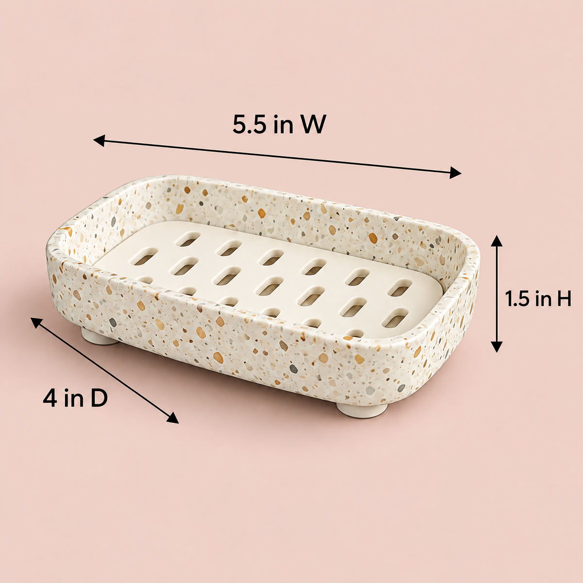 Jorlenna Cream Speckle Soap Tray — dimensions: 5.5 in W by 4 in D by 1.5 in H