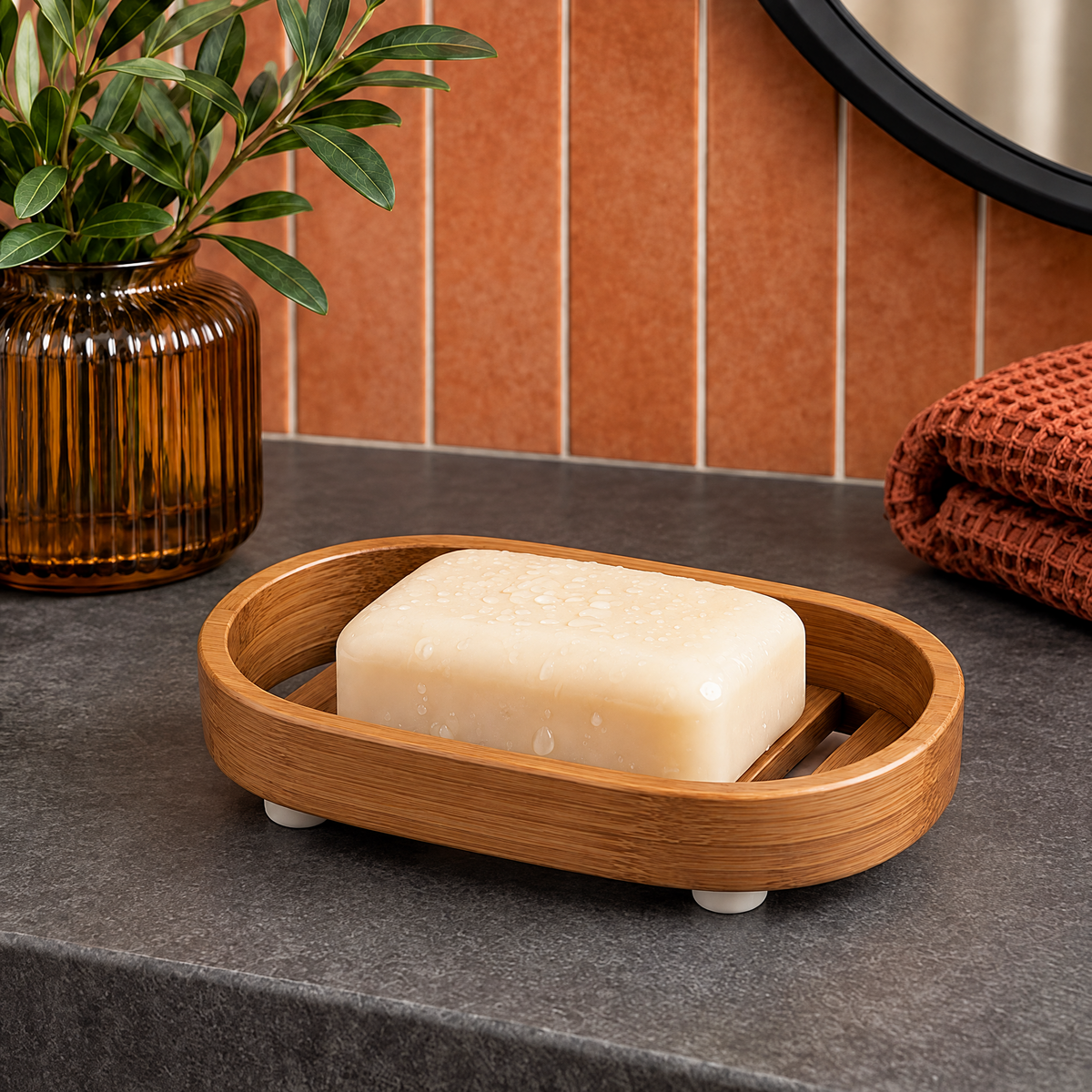 Jorlenna Honey Slat Soap Tray — holding a bar of soap