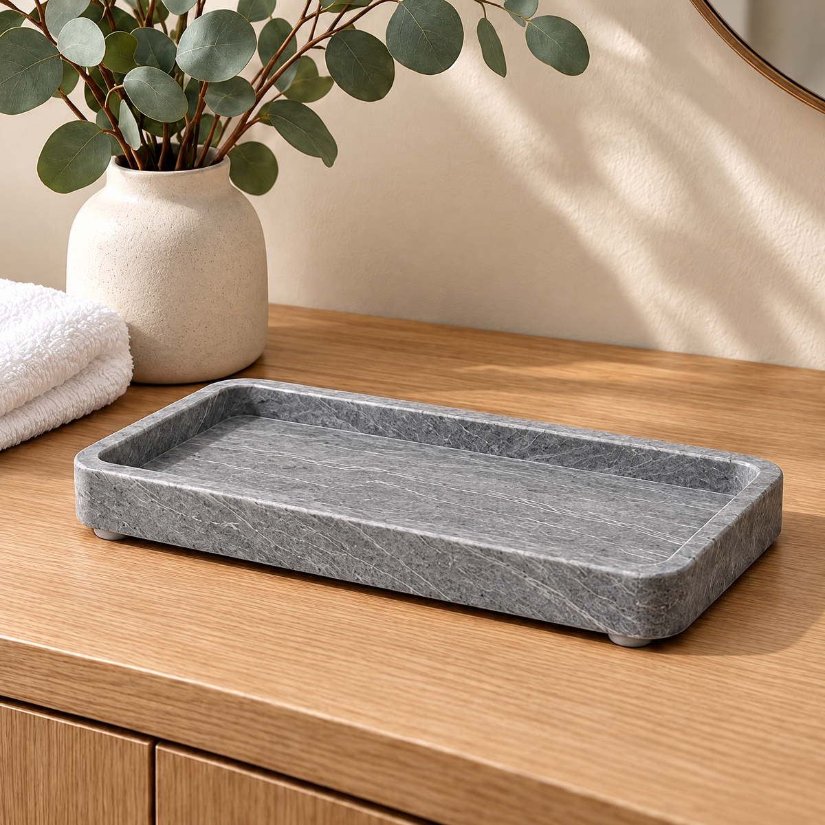 Jorlenna Silver Vein Stone Tray — bathroom counter view