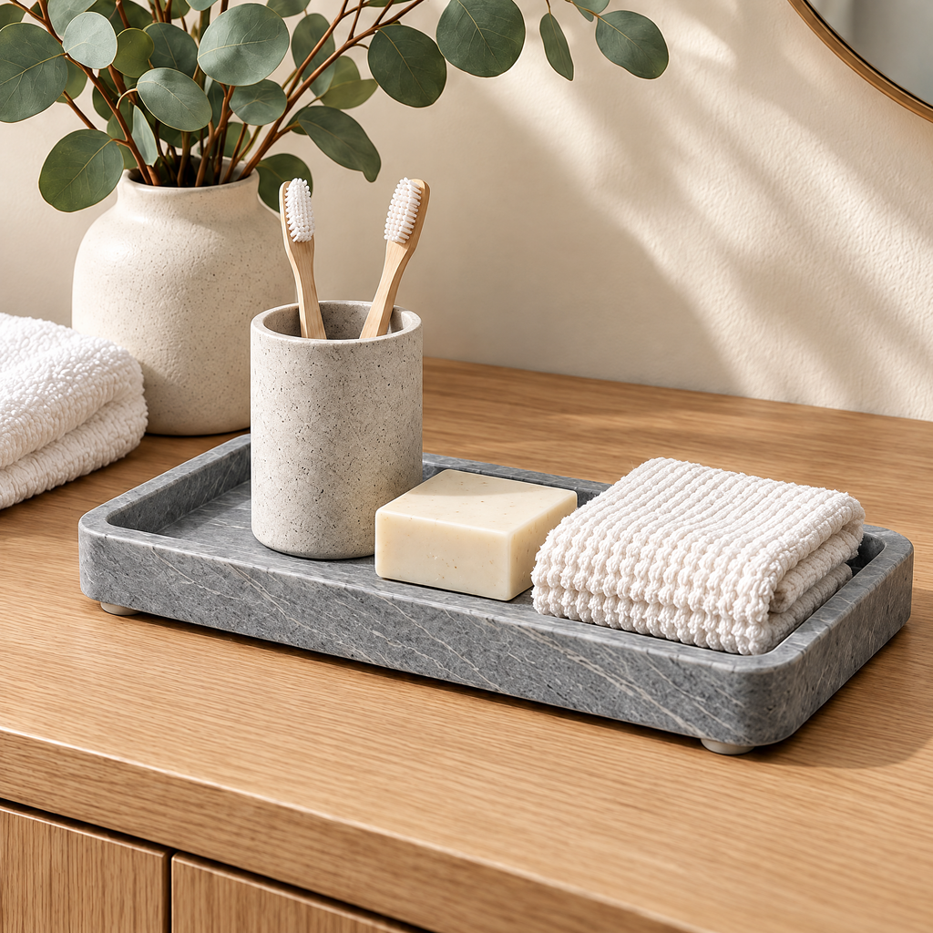 Jorlenna Silver Vein Stone Tray — bathroom styling