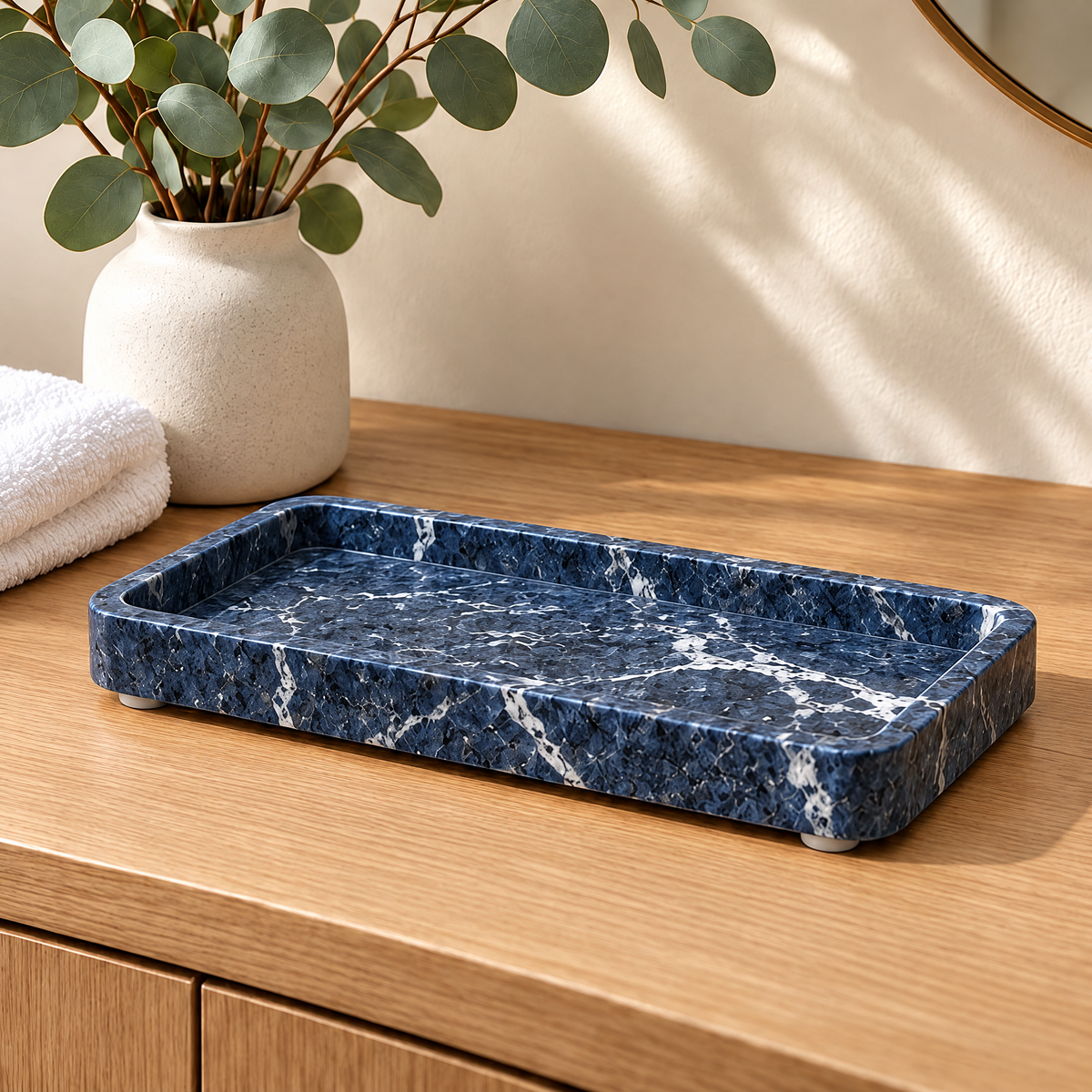 Jorlenna Navy Vein Stone Tray — bathroom counter view
