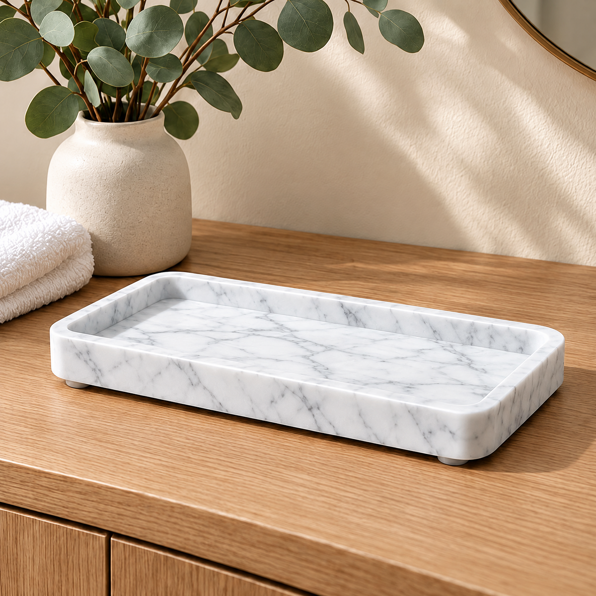 Jorlenna White Vein Stone Tray — bathroom counter view