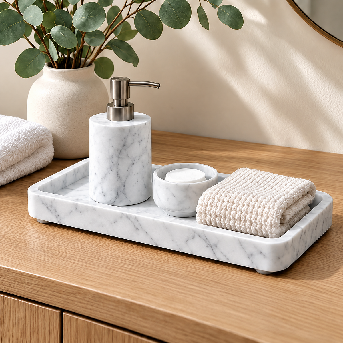 Jorlenna White Vein Stone Tray — bathroom styling